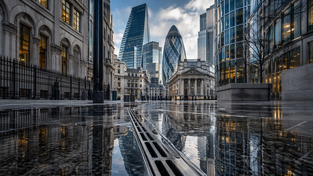 A reflective view of a modern financial district featuring iconic skyscrapers, including the Gherkin, set against a cloudy sky. The wet pavement enhances the contrast between the historical architecture and contemporary buildings.
