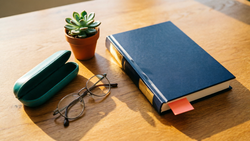 The image features a wooden table with a blue book, a pair of glasses, a green eyeglass case, and a small potted succulent plant. The scene conveys a calm and organized study or reading environment.