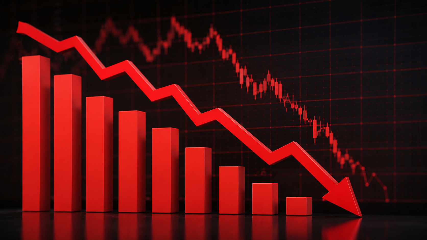 The image depicts a downward trending graph represented by red bars, illustrating a decline in values over a period of time. The background features a grid pattern with a corresponding line graph that reinforces the negative trend.
