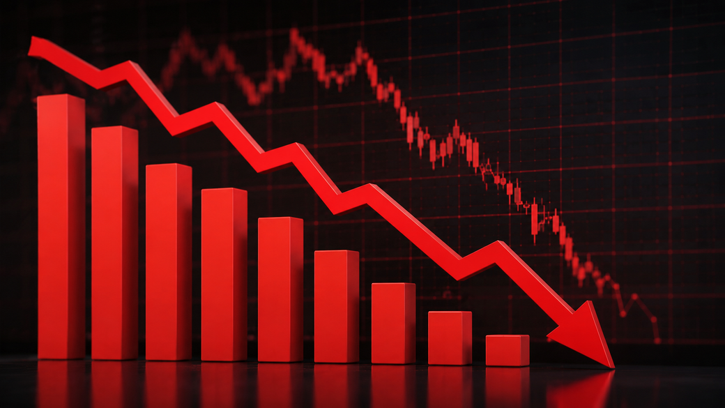 The image depicts a downward trending graph represented by red bars, illustrating a decline in values over a period of time. The background features a grid pattern with a corresponding line graph that reinforces the negative trend.
