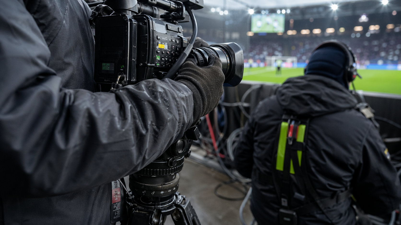 The image features a close-up of a camera operator capturing footage of a soccer match, with another crew member in the background. The stadium atmosphere is evident with the field and spectators partially visible.