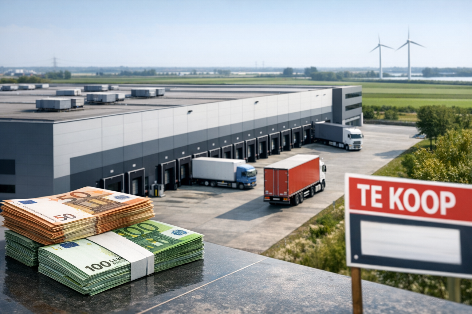 The image depicts a stack of Euro banknotes prominently displayed in the foreground, while a logistics facility and trucks are visible in the background. The scene is set in an industrial area with wind turbines in the distance.