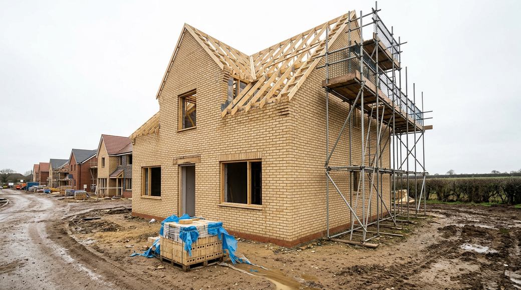 The image depicts a partially completed detached house on a new-build estate, showcasing raw timber trusses exposed to the sky and brickwork made of creamy yellow-buff London stock laid to stretcher bond. A scaffold lift runs along the gable end, while a pallet of wrapped bricks is positioned on churned earth, signifying ongoing construction amidst overcast weather.