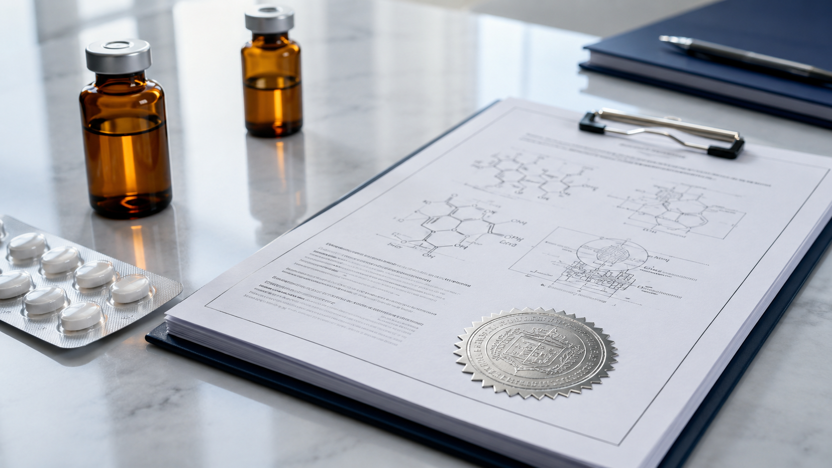The image features a medical research setting with documents detailing chemical structures, a certificate or seal, and vials of medication. The setting suggests a focus on pharmaceuticals or drug development.