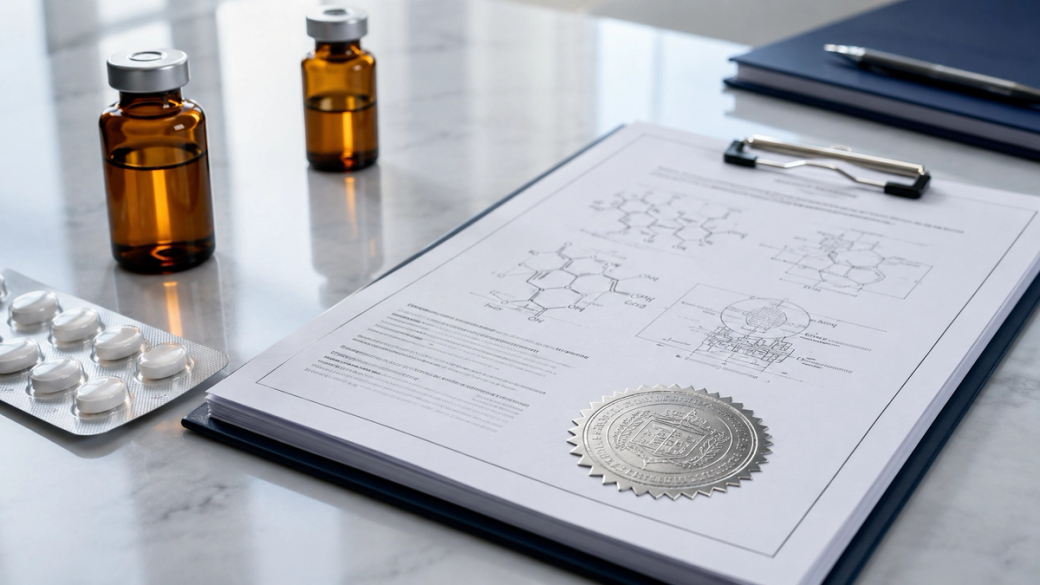 The image features a medical research setting with documents detailing chemical structures, a certificate or seal, and vials of medication. The setting suggests a focus on pharmaceuticals or drug development.