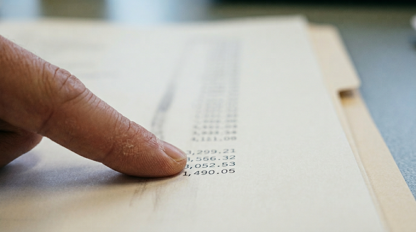 The image shows a close-up of a fingertip pressing down on a printed column of figures on a sheet of paper. The faint smudge left by the finger indicates repeated handling, highlighting the human effort involved in reviewing detailed financial data. The alignment of the numbers suggests a meticulous audit process, with the shallow depth of field focusing on the fingertip and the nearest figures.