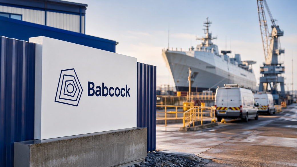 The image showcases a large naval ship docked beside a shipping yard, with a prominent sign displaying the Babcock logo in the foreground. The scene is set in a maritime environment, indicating industrial activity related to shipbuilding or repair.