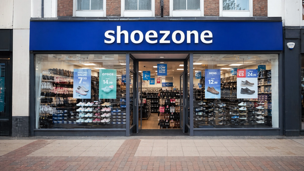 A retail shoe store named 'shoezone' located on a city street. The storefront features displays of various shoe styles and price tags visible through large glass windows.