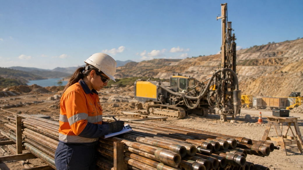 A female construction worker in safety attire is observing and taking notes on a job site with drilling equipment in the background. The scene is set in a rocky terrain near a body of water, indicating active mineral extraction.
