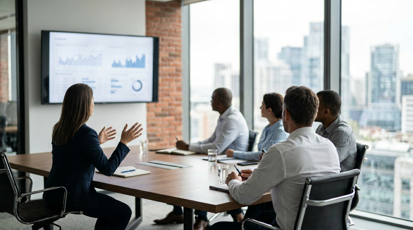 A group of business professionals are engaged in a meeting in a modern office setting. The focus is on a woman presenting data on a large screen, while others are attentively listening and taking notes.