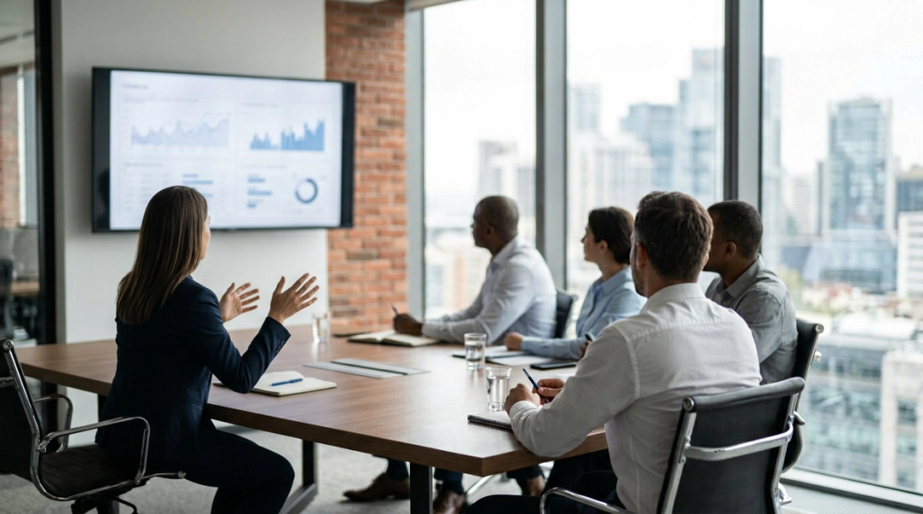 A group of business professionals are engaged in a meeting in a modern office setting. The focus is on a woman presenting data on a large screen, while others are attentively listening and taking notes.