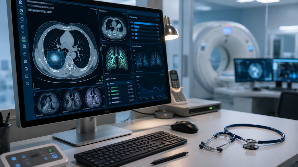 The image shows a medical workspace with a computer displaying detailed scans of various body parts. A CT scanner is visible in the background, suggesting a healthcare setting focused on diagnostic imaging.