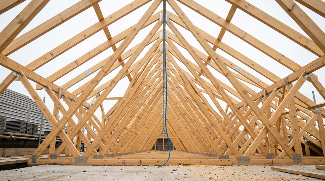 The image showcases the interior framework of a building under construction, featuring a series of exposed wooden rafters aligned symmetrically towards the center. The setting appears to be a residential or commercial construction site, with a minimalist and industrial aesthetic.