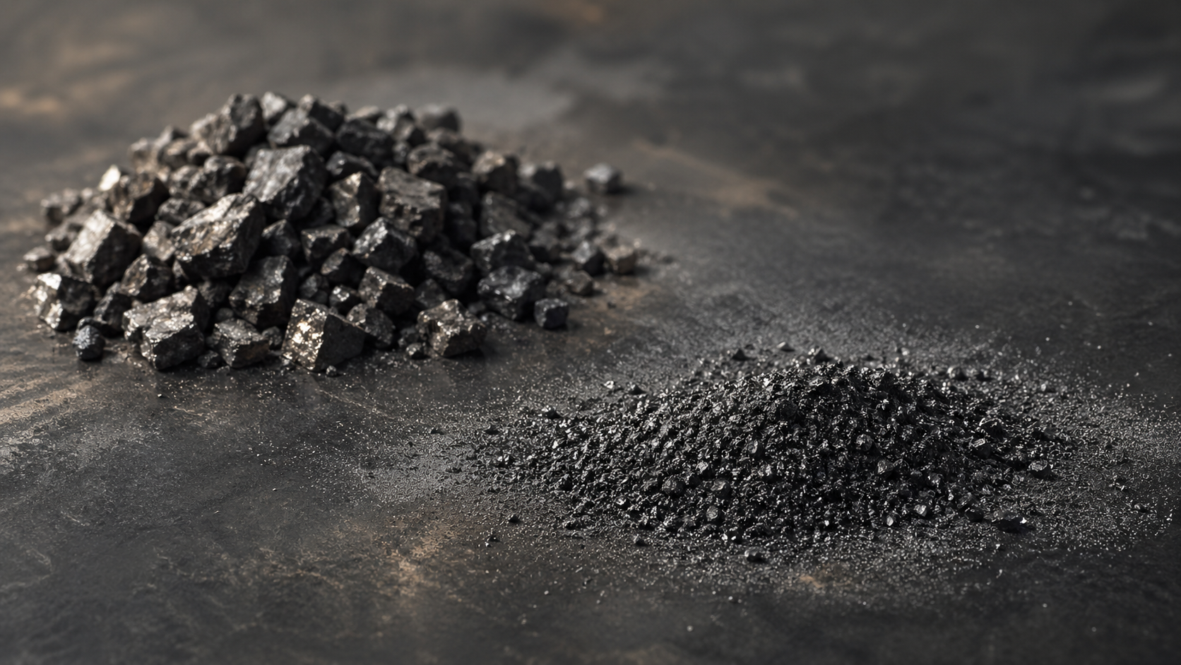 The image features two different textures of black minerals, forms of graphite, one in chunky rock form and the other as a fine powder. The contrast between the coarse and smooth surfaces highlights the variations in their physical states.