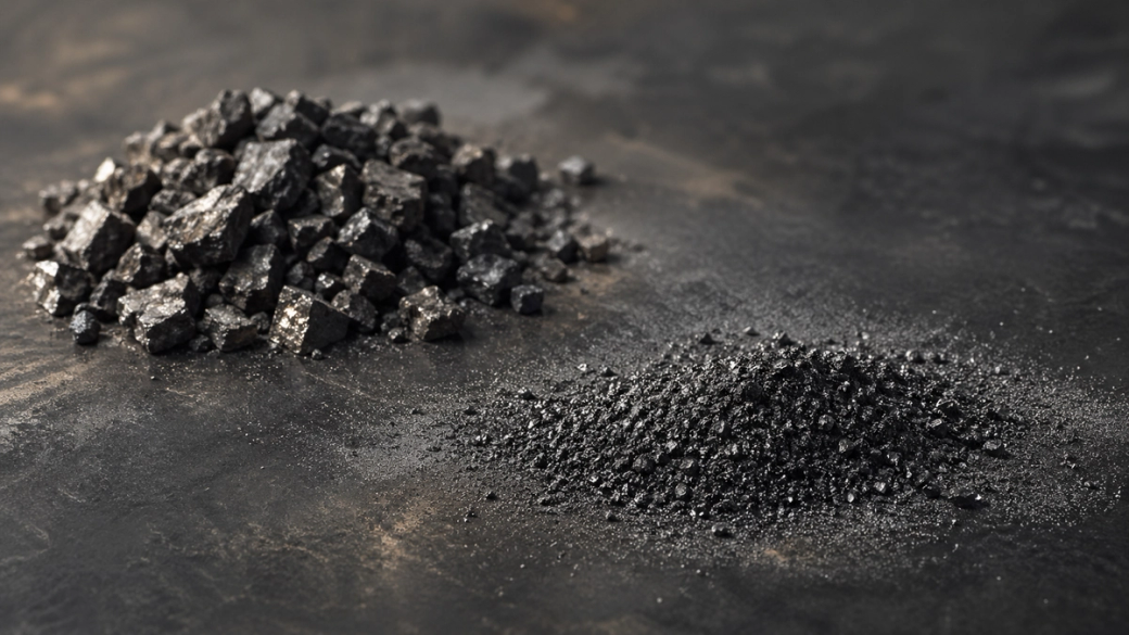 The image features two different textures of black minerals, forms of graphite, one in chunky rock form and the other as a fine powder. The contrast between the coarse and smooth surfaces highlights the variations in their physical states.