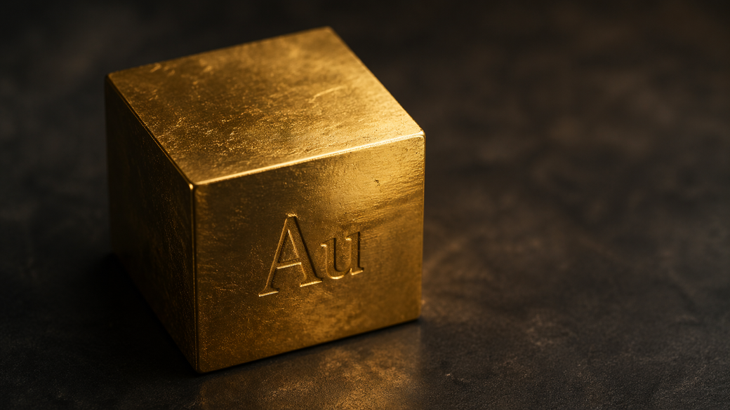 The image features a gold cube marked with the chemical symbol 'Au', representing gold. The surface has a reflective quality, emphasizing its metallic nature against a dark background.