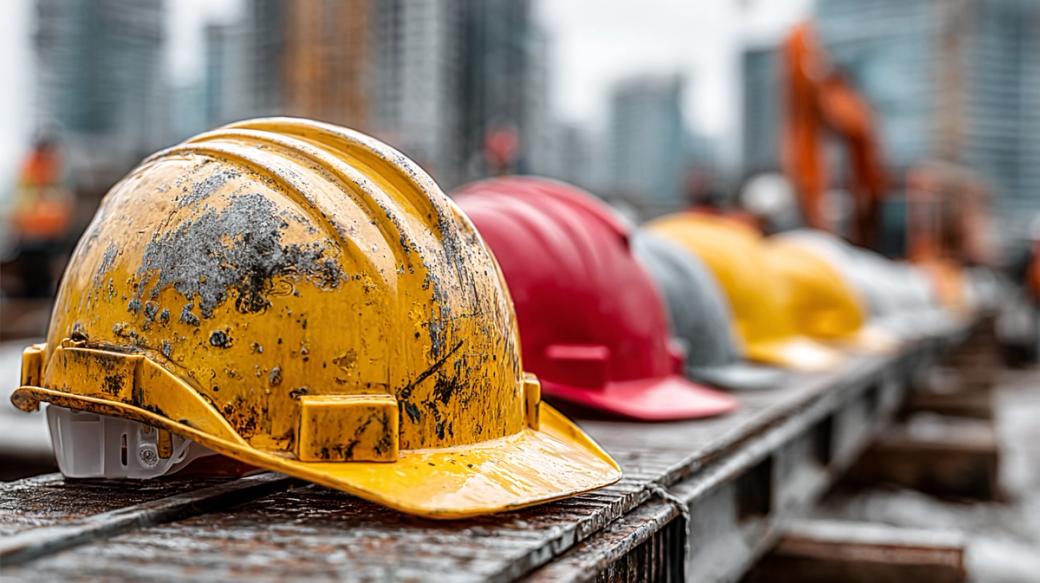 The image showcases a row of construction helmets in various colors, prominently featuring a weathered yellow helmet in the foreground. The background depicts a construction site with blurred figures and machinery, emphasizing the industrial environment.