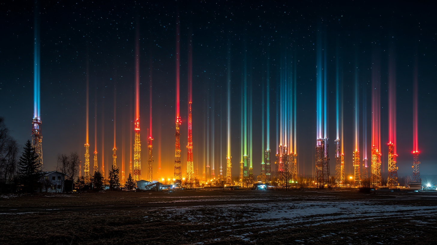 The image depicts a night scene of numerous tall communication towers illuminated with colorful lights against a starry sky. The lights create a striking visual effect, with beams extending upwards, contributing to a vibrant atmosphere.