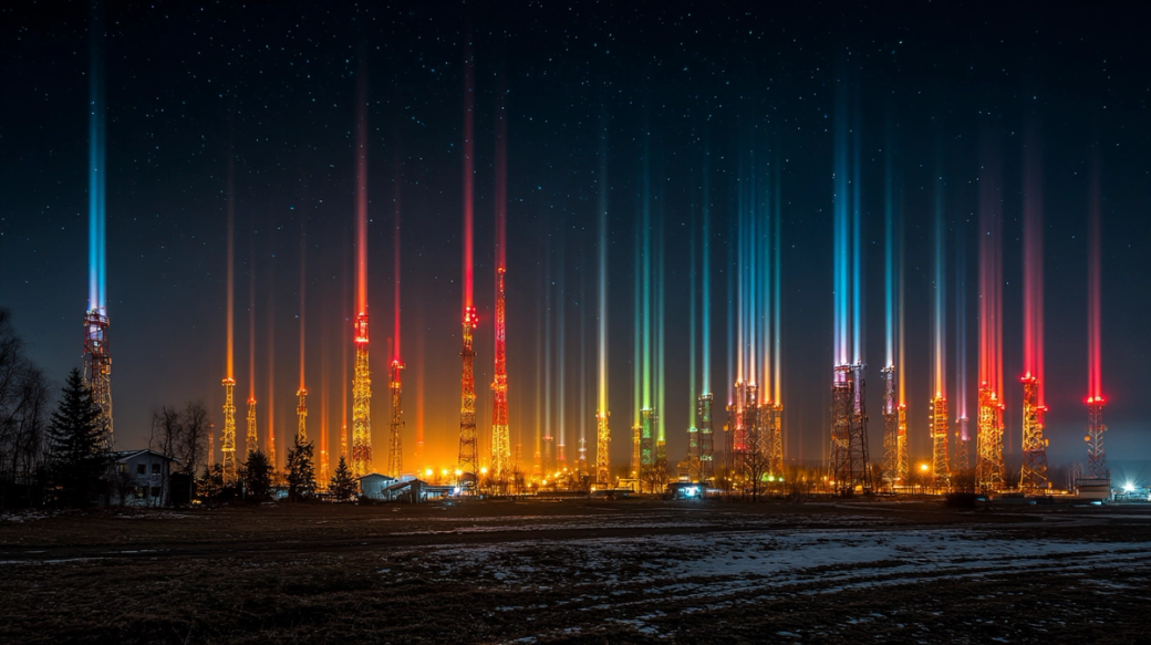 The image depicts a night scene of numerous tall communication towers illuminated with colorful lights against a starry sky. The lights create a striking visual effect, with beams extending upwards, contributing to a vibrant atmosphere.