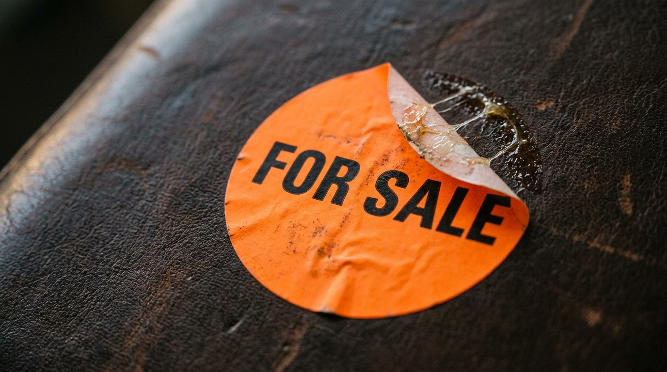 The image shows a close-up view of a round fluorescent orange sticker labeled 'FOR SALE' partially peeling off a quality surface, which could be wood or leather. The contrast between the vibrant sticker and the rich texture of the underlying material creates a visual tension, suggesting a valuable item that is being marked for sale or disposal.