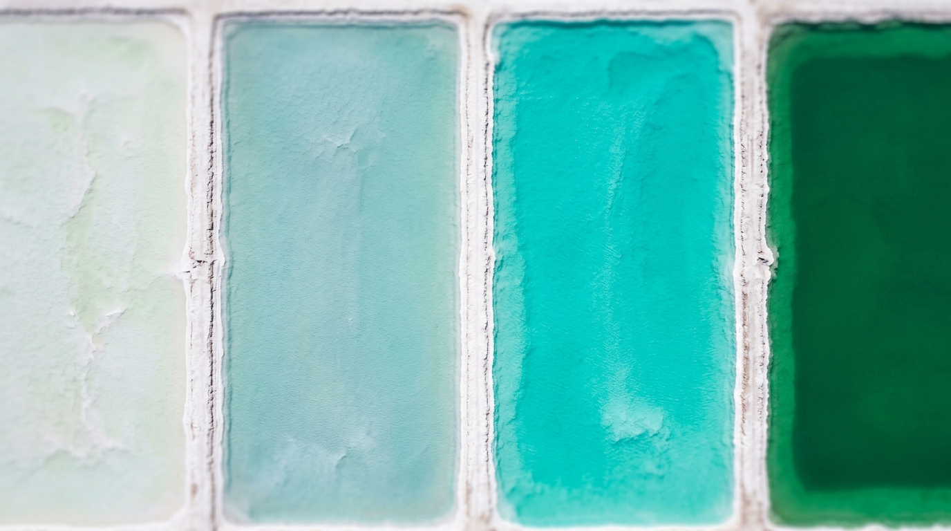 The image depicts four adjacent lithium brine evaporation ponds, each a distinct rectangle showcasing a gradient of colors ranging from pale milky white to deep emerald green. The ponds are separated by narrow white causeways of crystallized salt, emphasizing the contrast between industrial engineering and organic color saturation under bright sunlight.