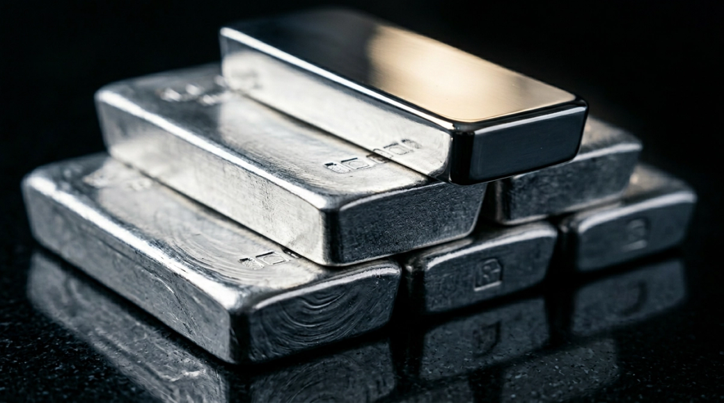 The image depicts a close-up of five refined silver bars arranged in a brick-lay pattern on a polished black granite surface. The topmost bar extends partially off the stack, showcasing a variety of textures and reflections, with clear highlights and shadows emphasizing their metallic surfaces.
