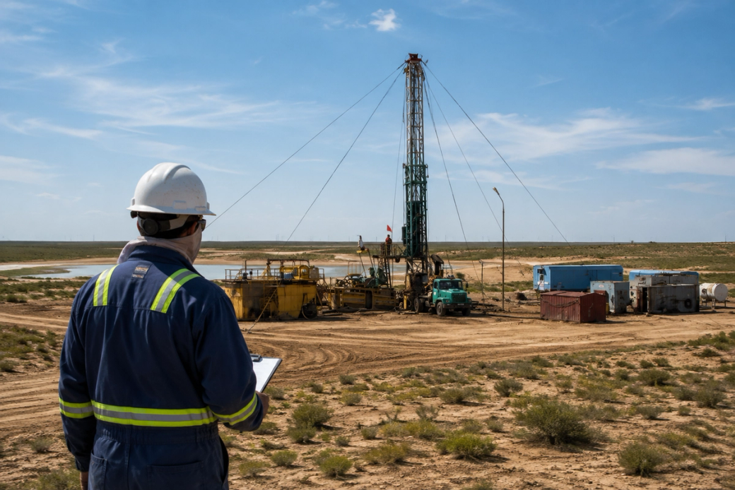 The image depicts a worker in safety gear observing a drilling rig in a remote, dry landscape. The drilling rig is surrounded by equipment and structures typical of an oil or gas extraction site.
