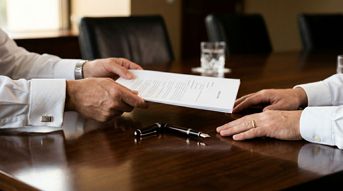 The image shows two hands positioned on a polished boardroom table. One hand is sliding a printed document, likely a resolution or formal agreement, toward the other hand, which is poised to receive it. A heavy, uncapped pen lies between them, and details such as shirt cuffs with varying styles suggest a power dynamic in a corporate setting.