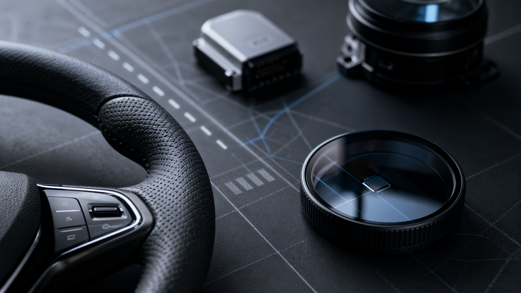 The image features a close-up view of a car steering wheel, alongside a camera lens and a device on a technical drawing background. This composition suggests themes related to automotive technology and precision engineering.