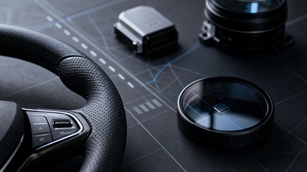 The image features a close-up view of a car steering wheel, alongside a camera lens and a device on a technical drawing background. This composition suggests themes related to automotive technology and precision engineering.