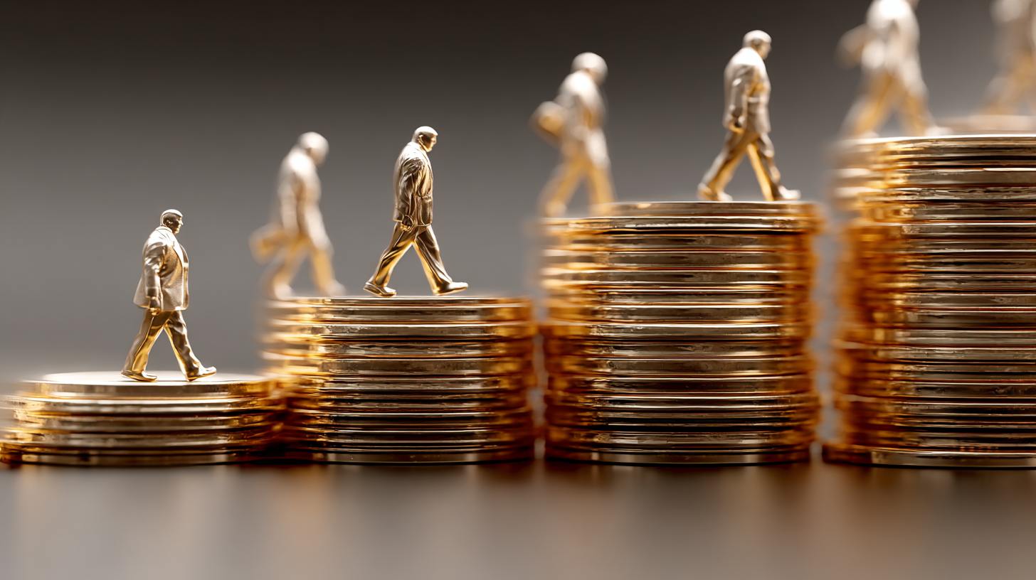 The image features miniature figures of businessmen walking on stacks of gold coins, symbolizing financial growth and success. The juxtaposition of the tiny figures against the large coins highlights the relationship between individual effort and wealth accumulation.