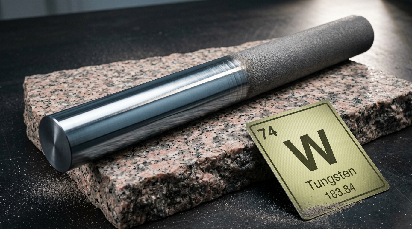 The image features a tungsten rod, which is thirty centimetres long, displayed diagonally across a slab of rough-cut granite. One half of the rod is polished to a mirror finish, reflecting light, while the other half retains a raw, granular texture, demonstrating contrasting material states. Accompanying the rod is a periodic table element card labeled with W, 74, and Tungsten, adding a scientific context to the visual.