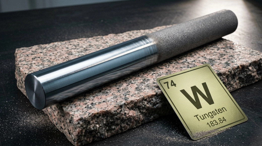 The image features a tungsten rod, which is thirty centimetres long, displayed diagonally across a slab of rough-cut granite. One half of the rod is polished to a mirror finish, reflecting light, while the other half retains a raw, granular texture, demonstrating contrasting material states. Accompanying the rod is a periodic table element card labeled with W, 74, and Tungsten, adding a scientific context to the visual.