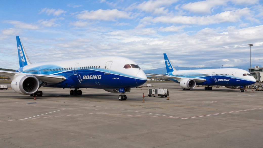 The image features two Boeing 787 aircraft parked on an airport tarmac, showcasing their distinctive blue and white livery. The planes are positioned side by side, emphasizing the modern design and technology of Boeing's airline offerings.
