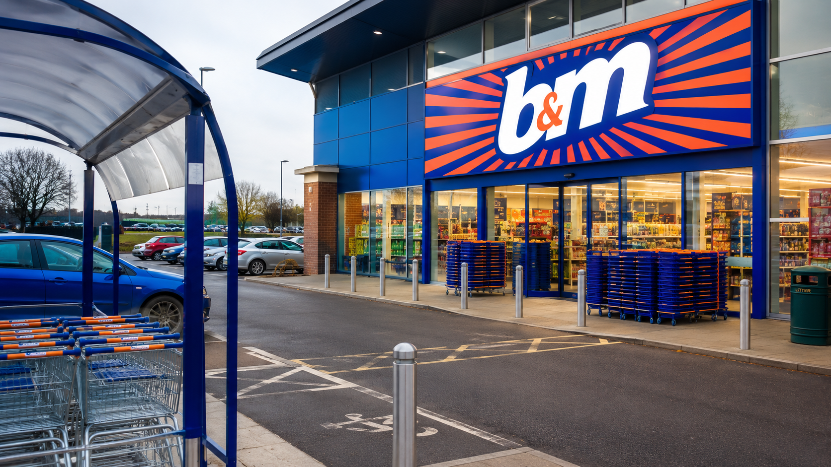 The image depicts the exterior of a retail store with the 'b&m' logo prominently displayed. Shopping carts are visible in the foreground, with a parking area and additional cars in the background.