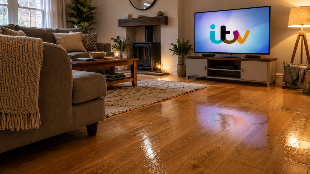 The image shows a cozy living room featuring a television displaying the ITV logo. The room has a warm atmosphere with wooden flooring, a comfortable sofa, and decorative elements including plants and soft lighting.