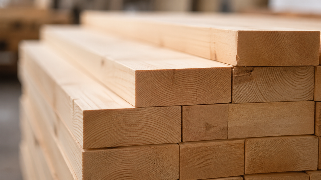 The image shows neatly stacked wooden planks in a warehouse setting. The focus is on the natural texture and grain of the wood, highlighting its quality and craftsmanship.
