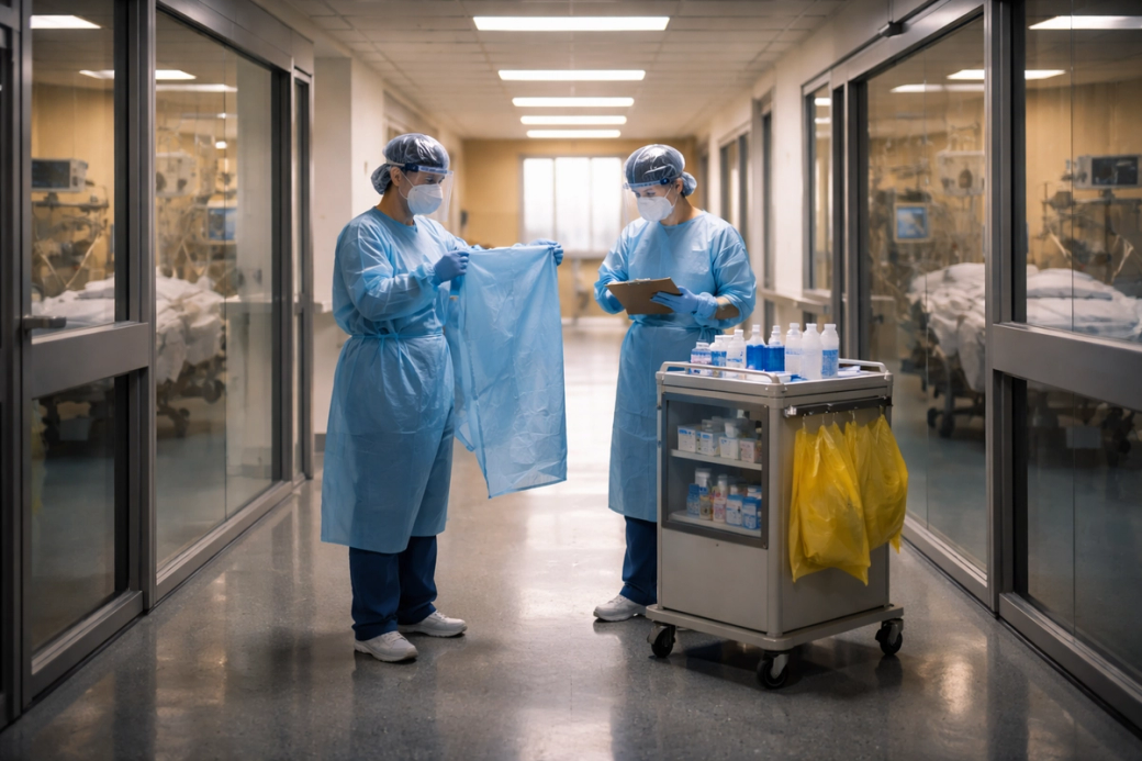 The image depicts two healthcare professionals in personal protective equipment (PPE) in a hospital corridor, one holding a blue surgical drape while the other checks a clipboard. The background shows hospital beds and medical equipment, indicating a clinical environment.