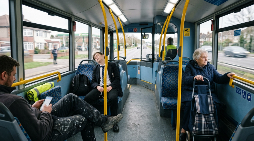 The image captures the interior of a single-decker bus in motion during mid-afternoon. Passengers occupy the bus in an off-peak travel pattern, including an elderly woman with a shopping trolley and a secondary school student slumped with earbuds in, while a man in work attire engages with his phone, reflecting the ordinary suburban commute.