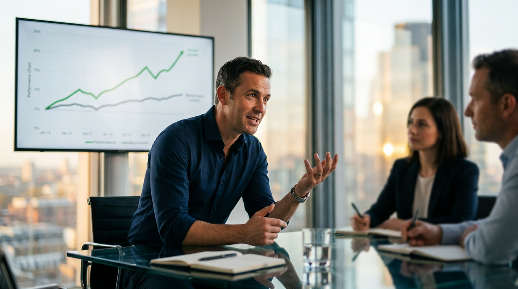 A business meeting is taking place in a modern office with a view of a city skyline. A man is gesturing while discussing a chart displayed on a screen, which shows an upward trend, as two colleagues listen attentively.