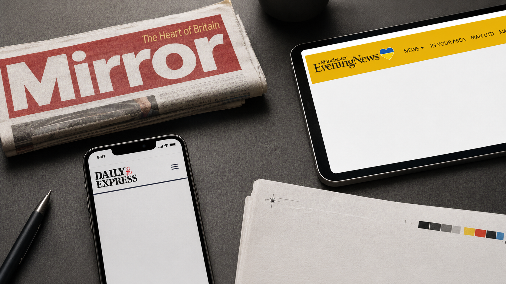 The image shows a close-up view of a newspaper, a smartphone displaying a news webpage, and a tablet with a news outlet's interface. The items are arranged on a dark surface with a pen and some blank papers nearby.