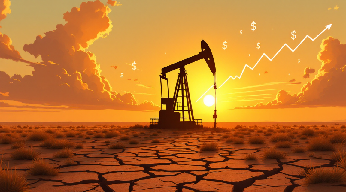 The image depicts an oil pump jack silhouetted against a vibrant sunset. In the background, a rising financial graph suggests an upward trend in oil prices, emphasizing the connection between oil production and economic growth.