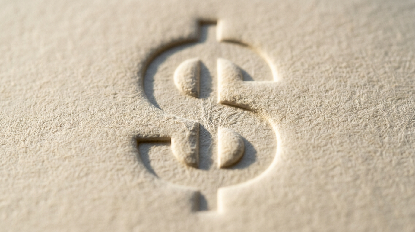 The image captures a close-up view of a dollar sign that is blind-embossed into a thick cream cotton paper, showcasing the interplay of light and shadow on the surface. The impression of the dollar symbol reveals intricate paper texture and highlights the tactile nature of the material, emphasizing the concept of value through a minimalist aesthetic.