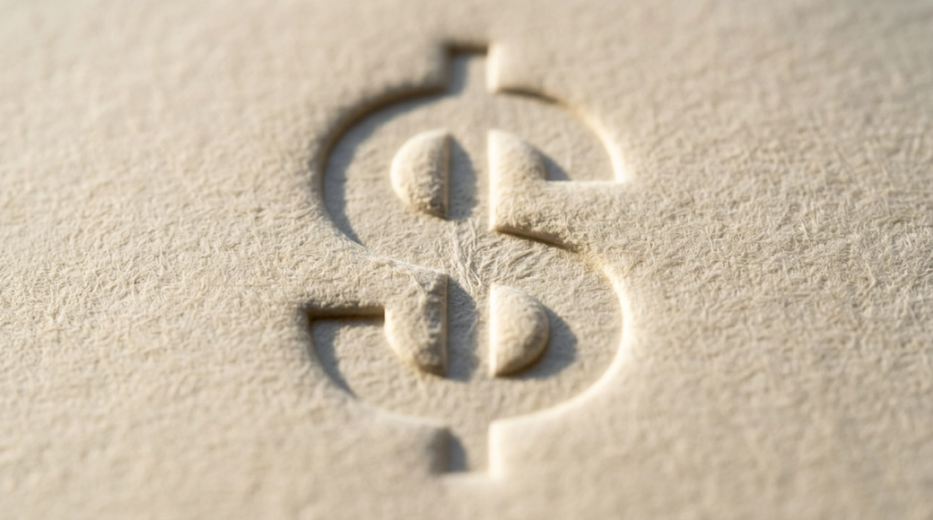 The image captures a close-up view of a dollar sign that is blind-embossed into a thick cream cotton paper, showcasing the interplay of light and shadow on the surface. The impression of the dollar symbol reveals intricate paper texture and highlights the tactile nature of the material, emphasizing the concept of value through a minimalist aesthetic.