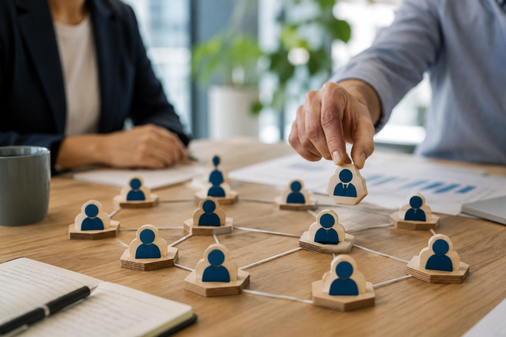 The image depicts a business meeting where two professionals are discussing organizational structure. One person is pointing at a wooden figure representing an individual within a network of personnel figures, indicating a focus on team management.