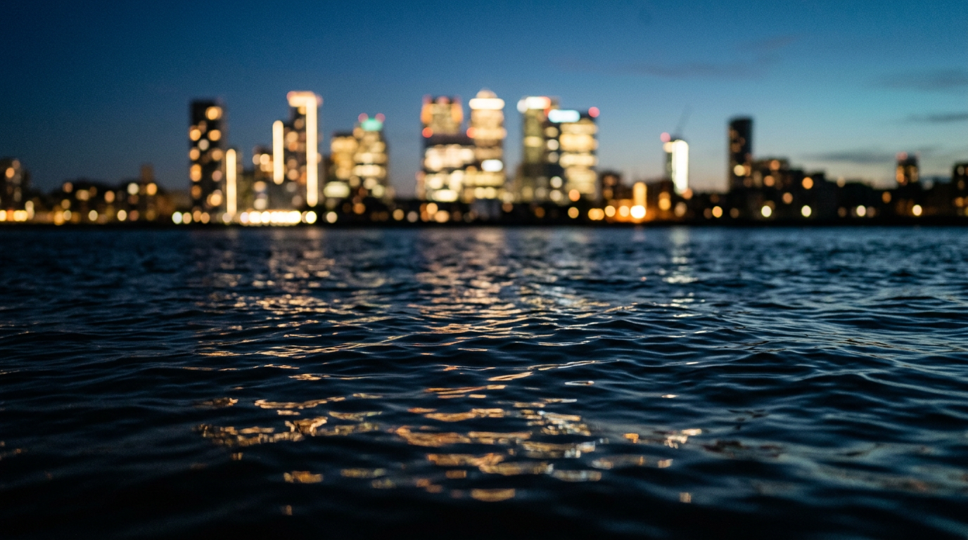 The image captures a serene view of the Thames at blue hour, with the river's surface dominating the foreground. The Canary Wharf skyline appears softly blurred in the background, creating a contrast between the detailed ripples of the water and the abstract luminosity of the buildings, highlighting themes of wealth and infrastructure.
