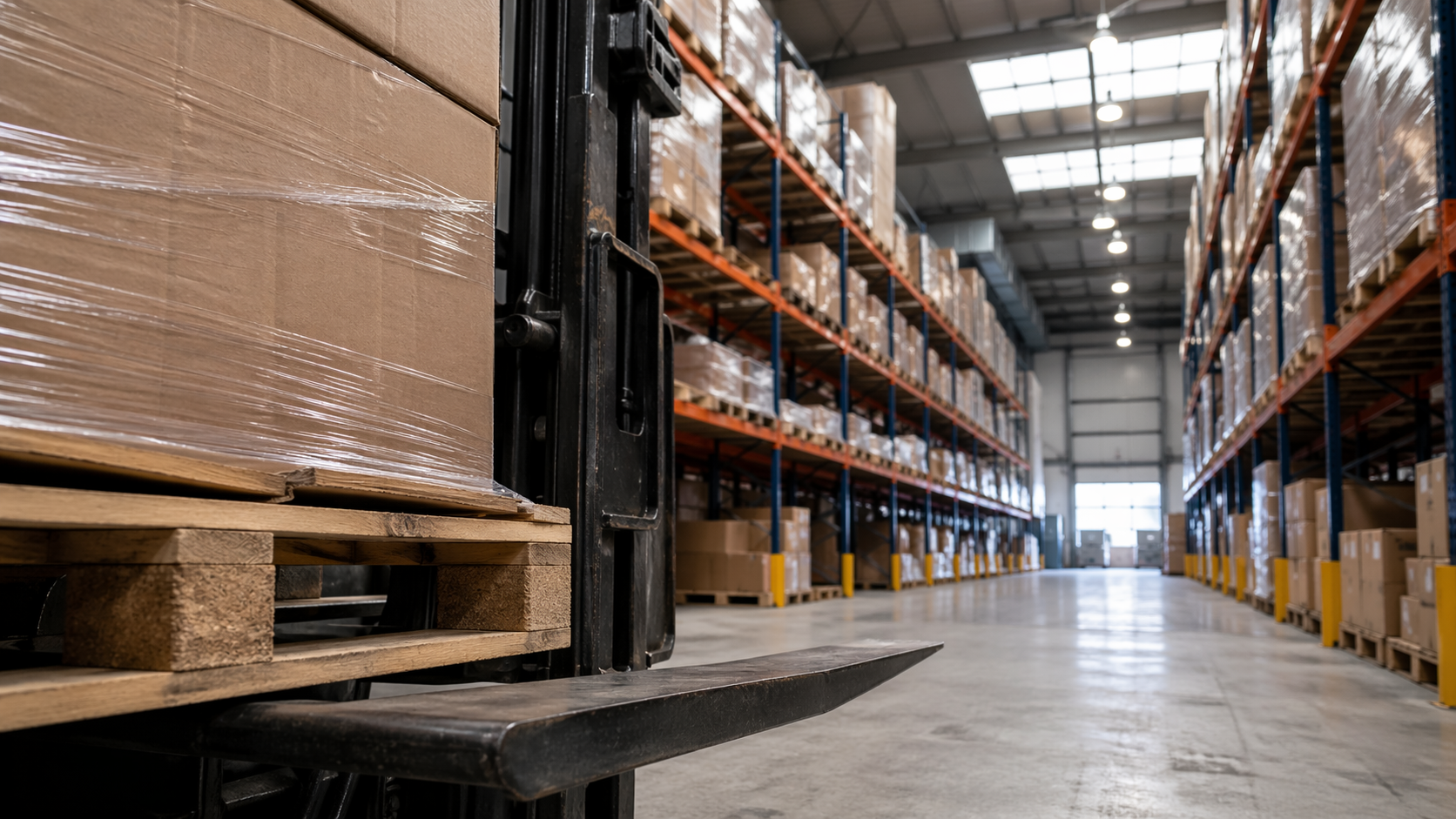 The image depicts an interior view of a warehouse filled with neatly stacked pallets of boxes. A forklift is positioned in the foreground, suggesting an active storage and distribution environment.