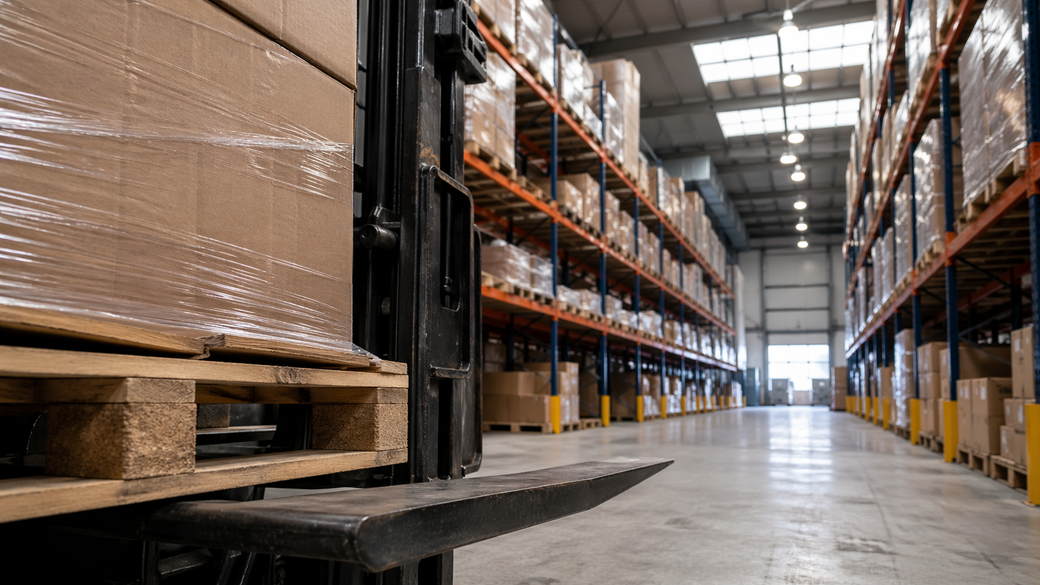 The image depicts an interior view of a warehouse filled with neatly stacked pallets of boxes. A forklift is positioned in the foreground, suggesting an active storage and distribution environment.