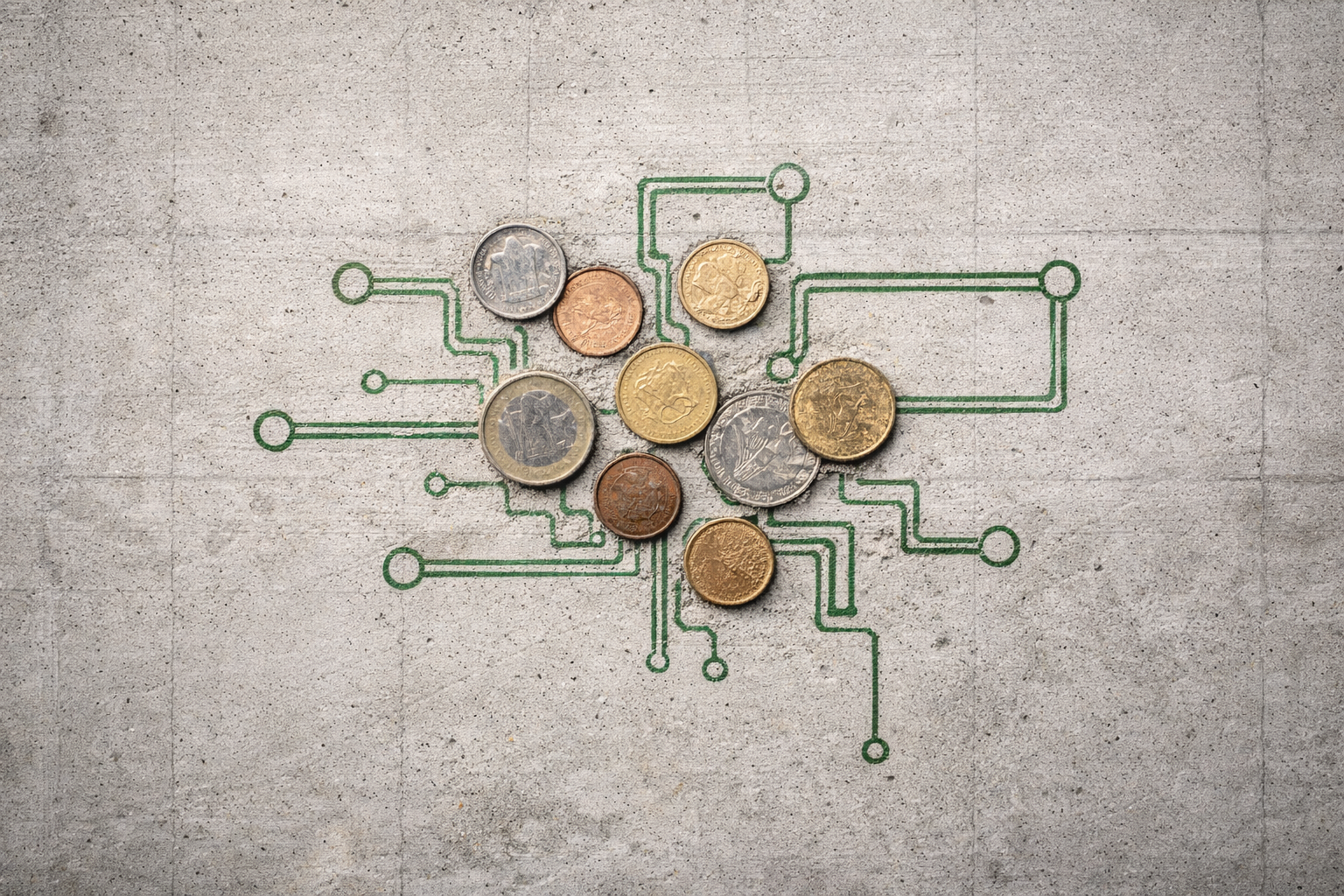The image features a collection of various coins arranged on a concrete surface, overlaid with a green circuit-like pattern. This composition blends currency with technology, suggesting themes of finance and digital innovation.