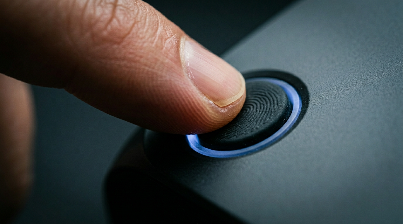 The image presents an extreme close-up of a fingertip pressing a soft-touch power button, with the skin slightly deforming against the rubberized surface. The button is recessed into a dark matte housing, illuminated by a faint blue LED ring, suggesting the moment before activation.